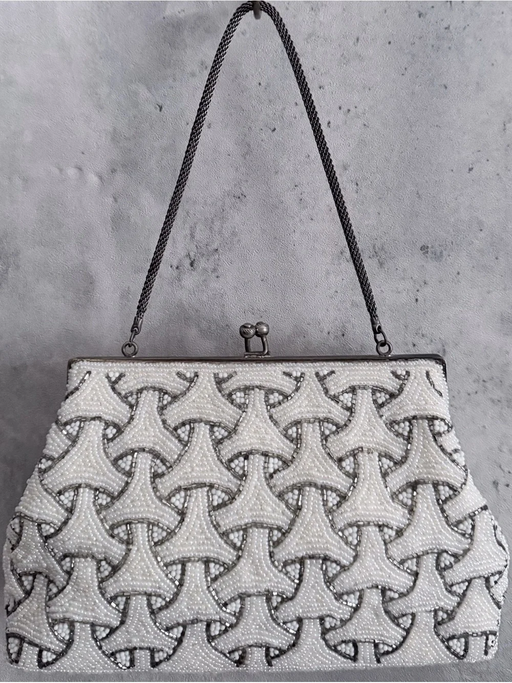 VTG Beaded Clutch Evening Bag Off Wht Silver Geometric Art Deco Purse Chain Str